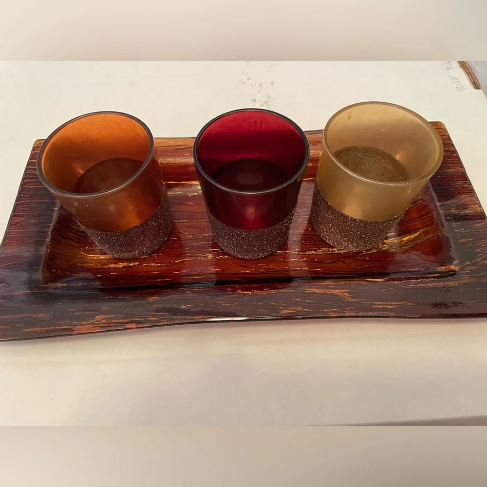 Set of Three Decorative Glass Candle Holders and Tray